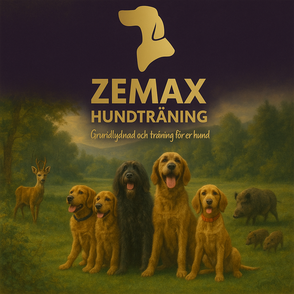 En grupp av fem hundar av olika raser, inklusive golden retrievers, står tillsammans i en naturskön miljö med träd och vilda djur i bakgrunden. Texten 'ZEMAX HUNDTÄNING' är synlig ovanför hundarna.
